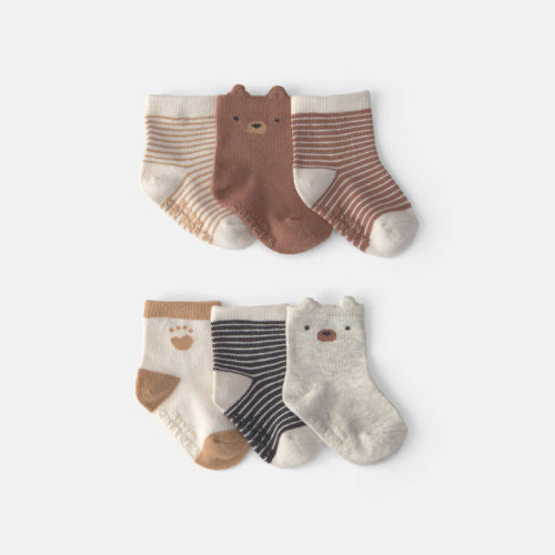 Baby Boy 6-Pack Bear Striped No Show Socks - Brown/Cream | Carter’s Oshkosh Canada