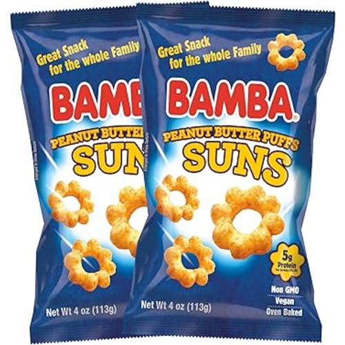 Bamba Peanut Butter Suns - Peanut Butter Sun Puffs Bulk, Vegan PB Snack with Crunch for Kids, Grain Free Protein Snack, No Sugar - 4oz Bags (2 Pack)