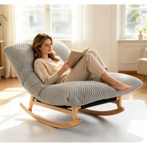ModernLuxe Nursery Rocking Chair with Rubberwood Frame, Bean Bag Sofa Rocker Upholstered Accent Chair, Armless Lazy Sofa Lounge Chair, Gray
