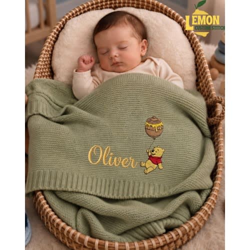 Custom Pooh Balloon Embroidered Baby Blanket, Personalized Name Disney Pooh Tigger Piglet Blanket, Gift For Newborn