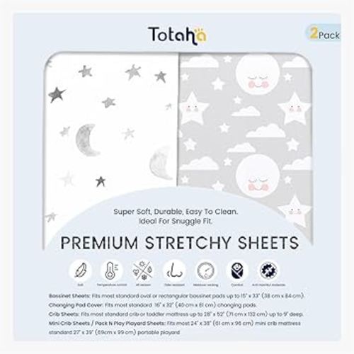 TotAha Premium Soft Pack n Play Sheets, Super Stretchy Jersey Knit Mini Crib Sheets Fitted, Silky Comfort Graco Pack and Play Mattress Sheets 2-Pack, Moon & Grey Sky