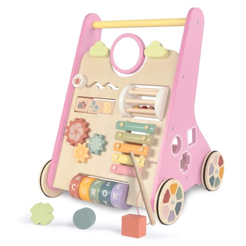 LOL-FUN Wooden Baby Walker for Girls with Wheels, Push Walker for Girl 6-12 Months, Pink Baby Push Toy for 1 Year Old Walking