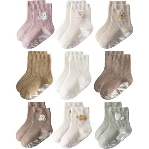 Toddler Grip Socks Non Slip Crew Socks Cute Seamless Cotton Socks for Baby Boys Girls Infants Kids 9 Pairs