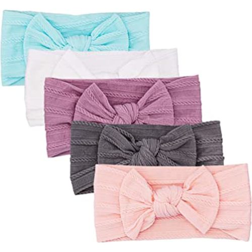 Parker Baby Cable Knit Nylon Headbands 5 Pack | Soft, Stretchy & Comfortable Bows for Girls | Adjustable, Soft to Touch & Knotted Headbands for Baby Girls | Baby Headwraps for Girls | Multiple Colors