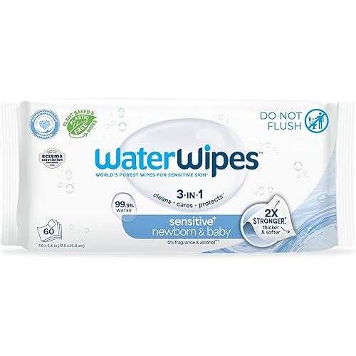 WaterWipes Sensitive+ Newborn & Baby Wipes, 3-In-1 Cleans, Cares, Protects, 99.9% Water, Unscented & Hypoallergenic, 60 Count