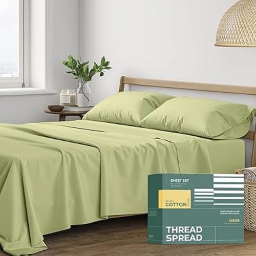 THREAD SPREAD 100% Organic Cotton Sheets Full Size - 4 PC Organic Cotton Full Percale Weave Sheet Set, Soft, Cooling, Crisp & Breathable, 16" Deep Pocket Hotel Quality Bedding Set - Sage Green