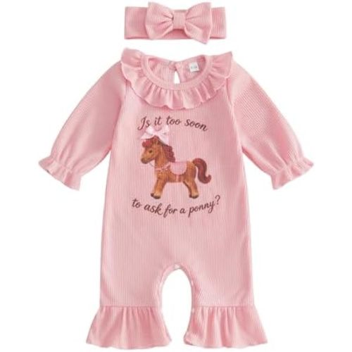 Newborn Baby Girl Western Clothes Cowgirl Outfit New to the Herd Highland Cow/Pony Romper Long Sleeve Waffle Jumpsuit