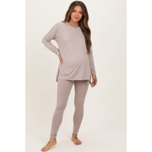 Pinkblush Light Mocha Brushed Knit Oversized Top and Legging Maternity Set Large