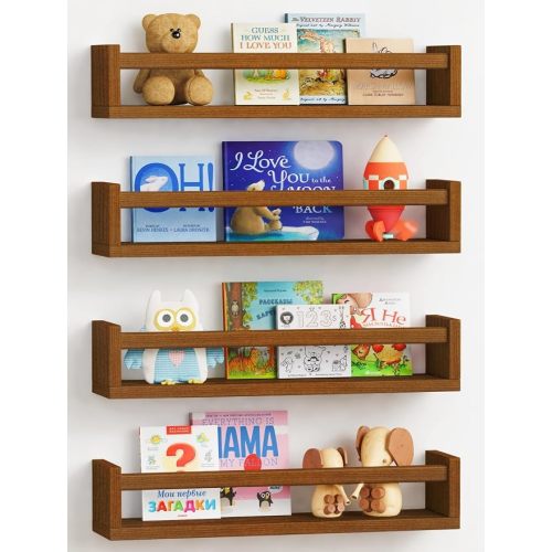 Forbena Dark Wood Nursery Kids Bookshelf Wall Mounted, Wooden Floating Nursery Book Shelves for Wall, Hanging Kids Bookshelves for Toddler Baby Room Bedroom Bathroom (Solid Pine, Walnut Brown, 4 Pack)