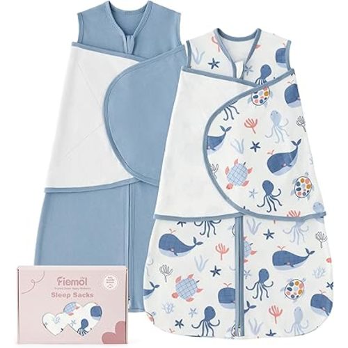 Baby Swaddle Sleep Sack 0-3 Months, Cotton Swaddles for Newborns Boys Girls, 2-Way Zipper Transitional Infant Wearable Swaddling Blanket with Quiet Closure, 0.5 TOG 2 Pack Soft Blue Whale