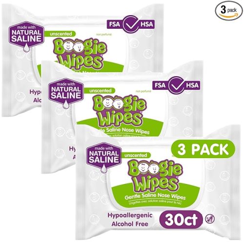 Boogie Wipes, Saline Wipes for Baby & Kids, Nose Booger Wipes for Allergy Relief, Face, Hand & Body, Made with Vitamin E, Aloe and Natural Saline, Unscented, 30 Count (Pack of 3)