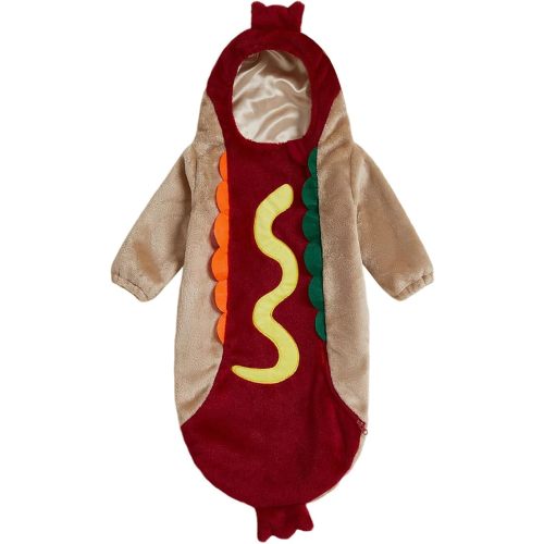 Newborn Halloween Costumes Baby Hot Dog Costume Plush Long Sleeve Hooded Romper Bag Cute My First Halloween Outfit