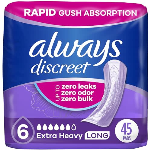 Always Discreet Adult Incontinence Pads for Women, Extra Heavy Absorbency, Long Length, Postpartum Pads, 45 Count