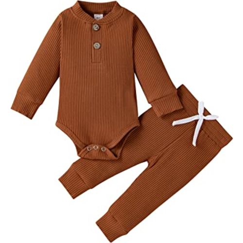 Winter Newborn Baby Boy Girl Clothes Set Ribbed Outfits Unisex Infant Solid Cotton Button Long Sleeve Tops Pants 2PCS