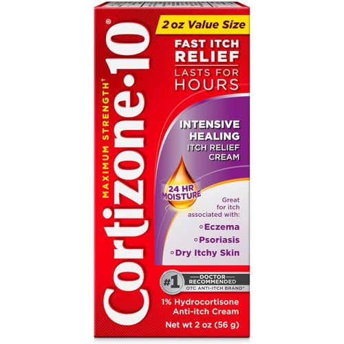 Cortizone-10 Maximum Strength Intensive Healing Itch Relief Cream, 1% Hydrocortisone, Fast-Acting, Anti-Itch Cream for Bug Bites, Rash, Eczema, Psoriasis, Poison Ivy, Oak, Sumac & More, 2 oz