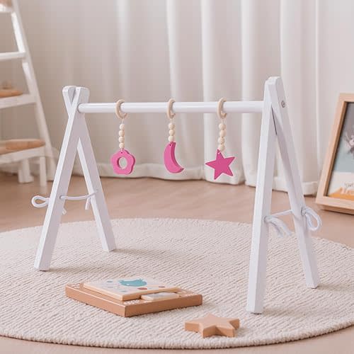 BABESIDE Baby Doll Play Gym – Wooden Doll Cothes Rack with Hanging Toys, DIY Stickers, Non-Slip Strips – Sturdy & Foldable Reborn Baby Doll Accessories Pretend Play for Girls Boys