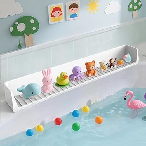 Bathtub Splash Guard PlayPad Shelf Area with Strong Suction Cups, Toy Tray Caddy Holder Storage Over Tub, Bathtub Ledge Guard, No Mess Water, Splash Protection Water Barrier for Bathroom-White
