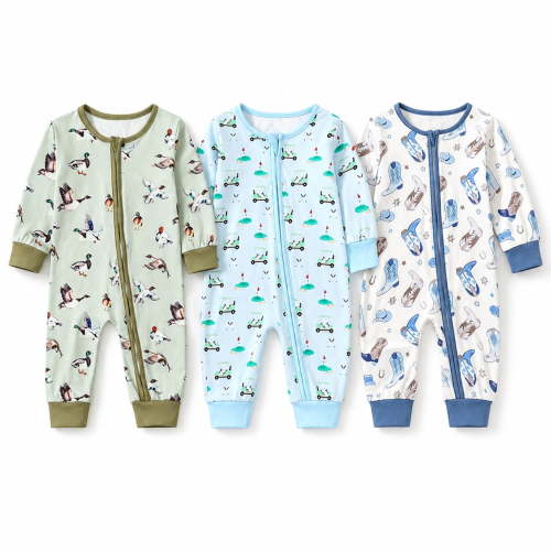 Yibosean Baby Boys' 3-Pack Zip-Front Sleep & Play Rompers, Long Sleeve Footless One-Piece Coveralls with Duck, Golf Cart & Cowboy Boot Prints, Newborn–18 Months