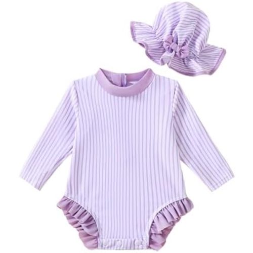 Baby Girl Swimsuit UPF 50+ Sun Protection Long Sleeve Rash Guard Swimwear Zipper One Piece Infant Bathing Suit with Hat