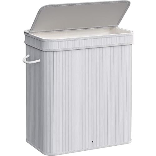 SONGMICS Laundry Hamper with Lid, Bamboo Laundry Basket, Removable Machine Washable Laundry Basket, with Handles, 26.4-Gallons, for Laundry Room, Bedroom, Bathroom, Dove Gray ULCB063G01