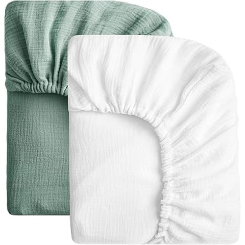 SOULFUL Muslin Crib Sheets for Boys Girls, 2 Pack Soft and Breathable Cotton Fitted Crib Sheets for Standard Crib Mattress (28"x 52", White & Green)
