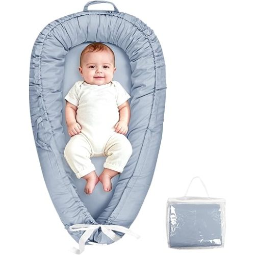 Hooyax Baby Lounger for Newborn 0-24 Months, Portable Infant Lounger with Adjustable Ties, Soft Breathable Cotton Baby Nest Lounger, Removable Washable Cover for Tummy Time & Play(Blue)