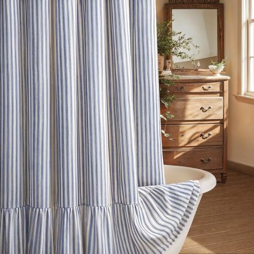 Farmhouse Shower Curtain with Ruffle Hem Linen Shower Curtains for Bathroom Country Vintage Rustic Natural Fabric, Cream-Blue Stripe 72" W x 96" L