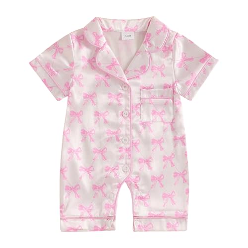 Multitrust Newborn Baby Boy Girl Silk Pajamas Short Sleeve Button Up Satin Pjs One Piece Romper Onesie Shorts Baby Sleepwears