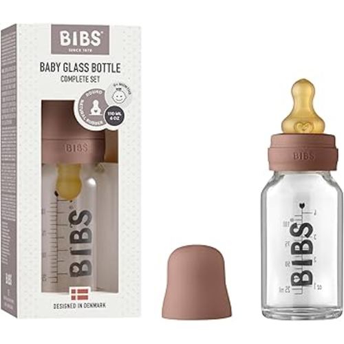 BIBS Baby Glass Bottle. Anti-Colic. Round Natural Rubber Latex Nipple. Supports Natural Breastfeeding, Complete Set - 110 ml, Woodchuck