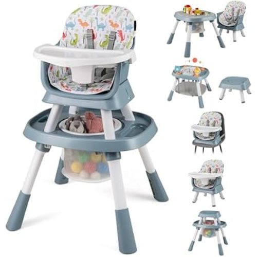 HONEY JOY 16-in-1 Baby High Chair, Convertible Highchair for Babies and Toddlers/Booster Seat/Activity Center with Toys, Building Block Table & Stool, Safety Harness, Removable Cushion & Tray (Blue)