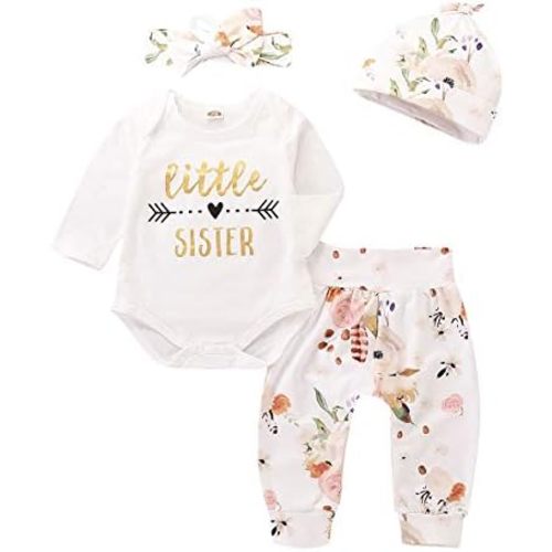 4Pcs Infant Girl Outfits Baby Sister Bodysuit Tops Floral Leggings Pants Set Bowknot Headbands Newborn Clothes