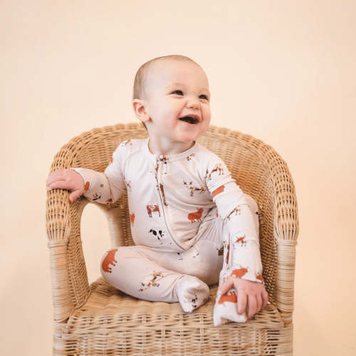 Bug & Bean Oatmeal Cow Boys Bamboo Boys Onesie – Howdy House Kids 3-6 months