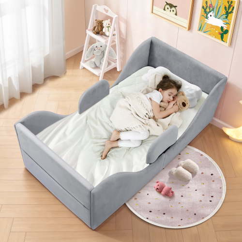 Spanspace Toddler Bed, Toddler Floor Bed – Low-to-Ground Design with Detachable Guard Rails, Soft Upholstered Transition Bed, Standard Crib Size for kids Ages 1–6 (Gray)