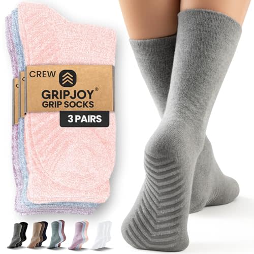 Gripjoy Grip Socks for Women, Grippy, Non Slip, Gripper Socks for Women & Men, Pilates, Yoga, Hospital, 3 Pairs, Crew