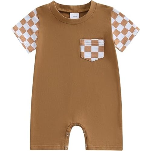 Karuedoo Newborn Baby Boy Girl Clothes Checkered Plaid Romper Jumpsuit Short Sleeve One-Piece Bodysuit Infant Summer Outfit