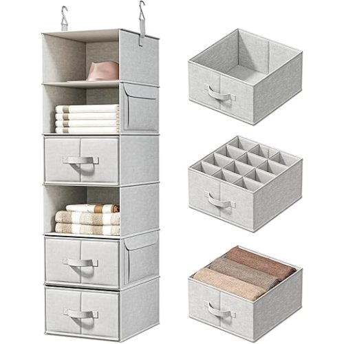 Vailando 6-Shelf Hanging Closet Organizer with 3 Drawers, Closet Hanging Shelves with Removable Fabric Drawers for Wardrobe, Nursery & Dorm Storage, Silver Gray