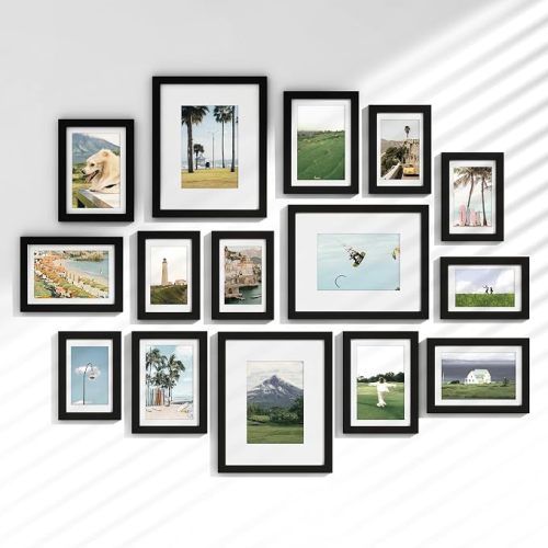 Venusmiles 15 Pack Picture Frames Collage Wall Decor, Gallery Frame Set for Wall Mounting or Tabletop Display, Multi Sizes Including 3pcs 8x10, 6pcs 5x7, 6pcs 4x6, Black
