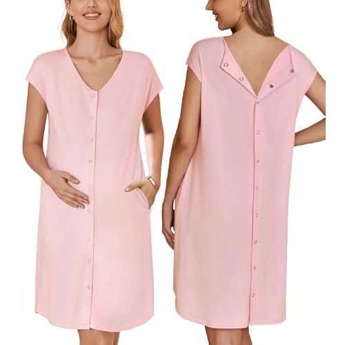 Ekouaer Labor/Delivery/Hospital Gown Nursing Nightgown Maternity Sleepwear With Pockets Postpartum Gowns with Button S-XXL