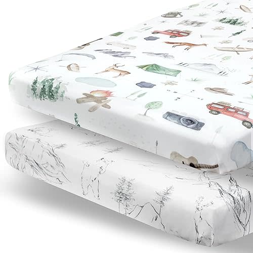 Pobibaby Premium Mini Crib Sheets for Pack N Play & Playards – Ultra-Soft Cotton Blend, Breathable Baby Bedding, Fits Standard Playard Mattress, Neutral Design, 2-Pack (Explore)