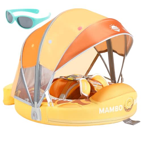 Mambobaby Float with Canopy and Tail New Upgraded Non-Inflatable Baby Pool Float Mambo Float Swim Trainer Solid Infant Swim Float Adjustable Pearl Foam Baby Swim Ring