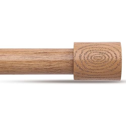 Wood Curtain Rods, 1'' Decorative Adjustable Rustic Farmhouse Drapery Rod, Heavy Duty Boho Curtain Pole for Windows 28 to 48 Inch with Imitation Wooden Grain Finials, (Light Wood/Unique Design)
