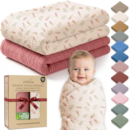 100% Organic Cotton 2 PK Baby Girl Muslin Swaddle Blanket 47x47 in | Oeko-TEX Certified, Swaddling Blanket, Organic Cotton Baby Blanket, Cotton Muslin Blanket, Pink/Floral, For Baby Girls