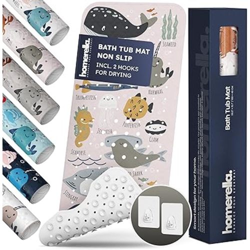 Homerella Baby Bath Tub Mat | Anti Mold Mildew Resistant Non Slip Kids and Adult Bath Tub Shower Mats | 40x16 inch Long with Suction Cups for Secure Grip Hooks for Storage & Drying | Machine Washable