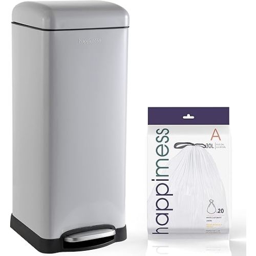 happimess HPM1007C Betty Retro 8-Gallon Step-Open Trash Can with Soft-Close Lid, Fingerprint Resistant, Modern, Minimalistic for Home, Kitchen, Laundry Room, Office, Bedroom, Bathroom, Gray
