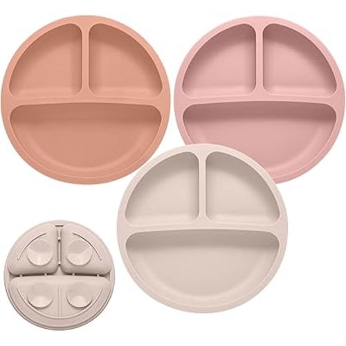 Eascrozn Toddler Plates, 3 Pack Divided Suction Plates for Baby, Food Grade Silicone Baby Plates, BPA Free, Non-slip, Baby Led Weaning Supplies, Microwave & Dishwasher Safe
