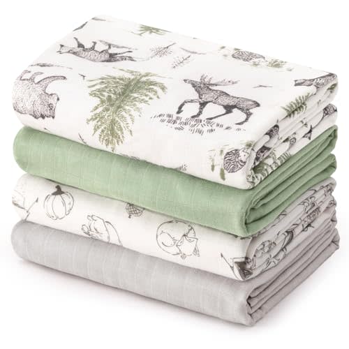 david's kids Muslin Swaddle Blankets, 4 Pack Organic Cotton Baby Blankets, Breathable Soft Receiving Blanket for Boys Girls, Newborn Essentials, Large 47 x 47 inches, Animal & Forest