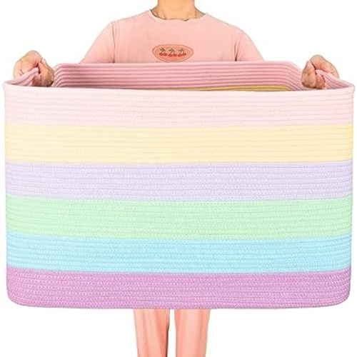 MINTWOOD Design 112L Extra Large Blanket Basket Holder Living Room, 25"x17"x16" Rectangle Rope Woven Storage Basket with Handles for Laundry, Towels, Shoes, Dog Toy Organizer Bin Box, Pastel Rainbow