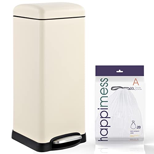 happimess HPM1007F Betty Retro 8-Gallon Step-Open Trash Can with Soft-Close Lid, Fingerprint Resistant, Modern, Minimalistic for Home, Kitchen, Laundry Room, Office, Bedroom, Bathroom, Almond Cream