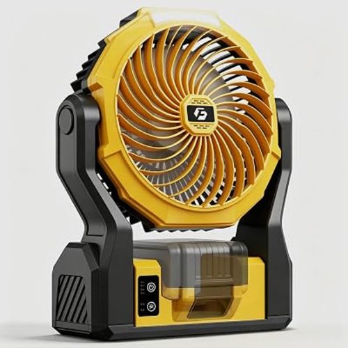 XZK Battery Powered Fan for DeWalt 20V Max Battery – 3950 RPM Airflow, Dual Power (Battery/USB), 4 Speeds + 2 LED Modes with Hook & Tilt Head for Jobsite, Garage, Workshop (Tool Only) – Yellow Black