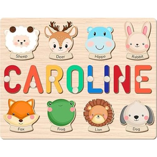 Custom Name Puzzle for Kids Personalized Wooden Animal Puzzles for Toddlers 1-3 Engraved Text on Back, Personalized Baby Gifts Educational Toys for 1 Year Old Girl Gifts for Birthday Baptism